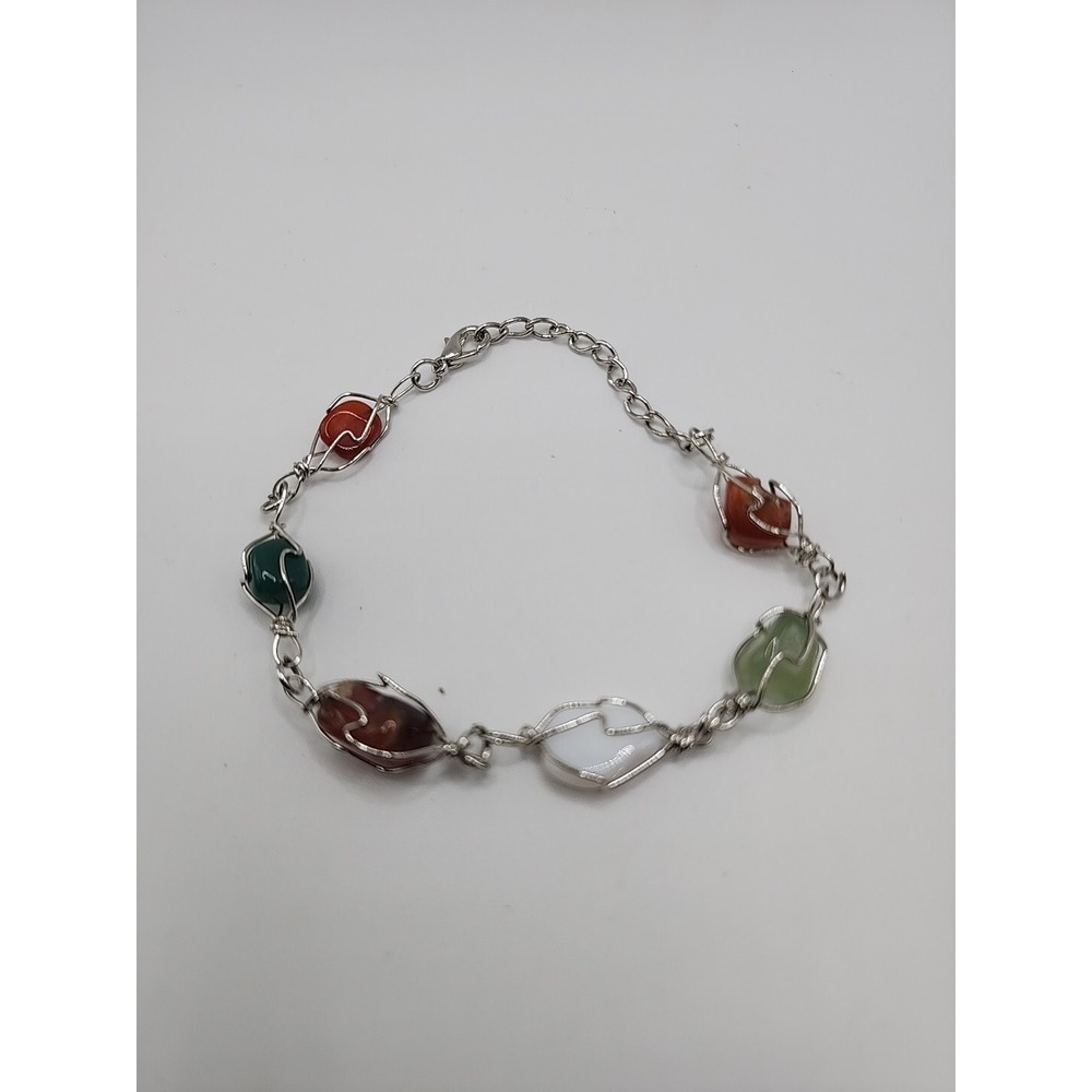 Vintage Polished Multicolor Quartz Stone Silver Tone Wire Wrap Art Boho Bracelet - Picture 7 of 10